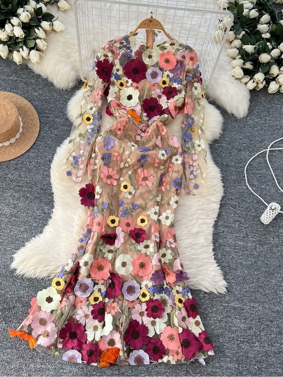 abundance Dresses & Skirts - Embroidered Floral Sheer Maxi Dress – Multicolor on Nude